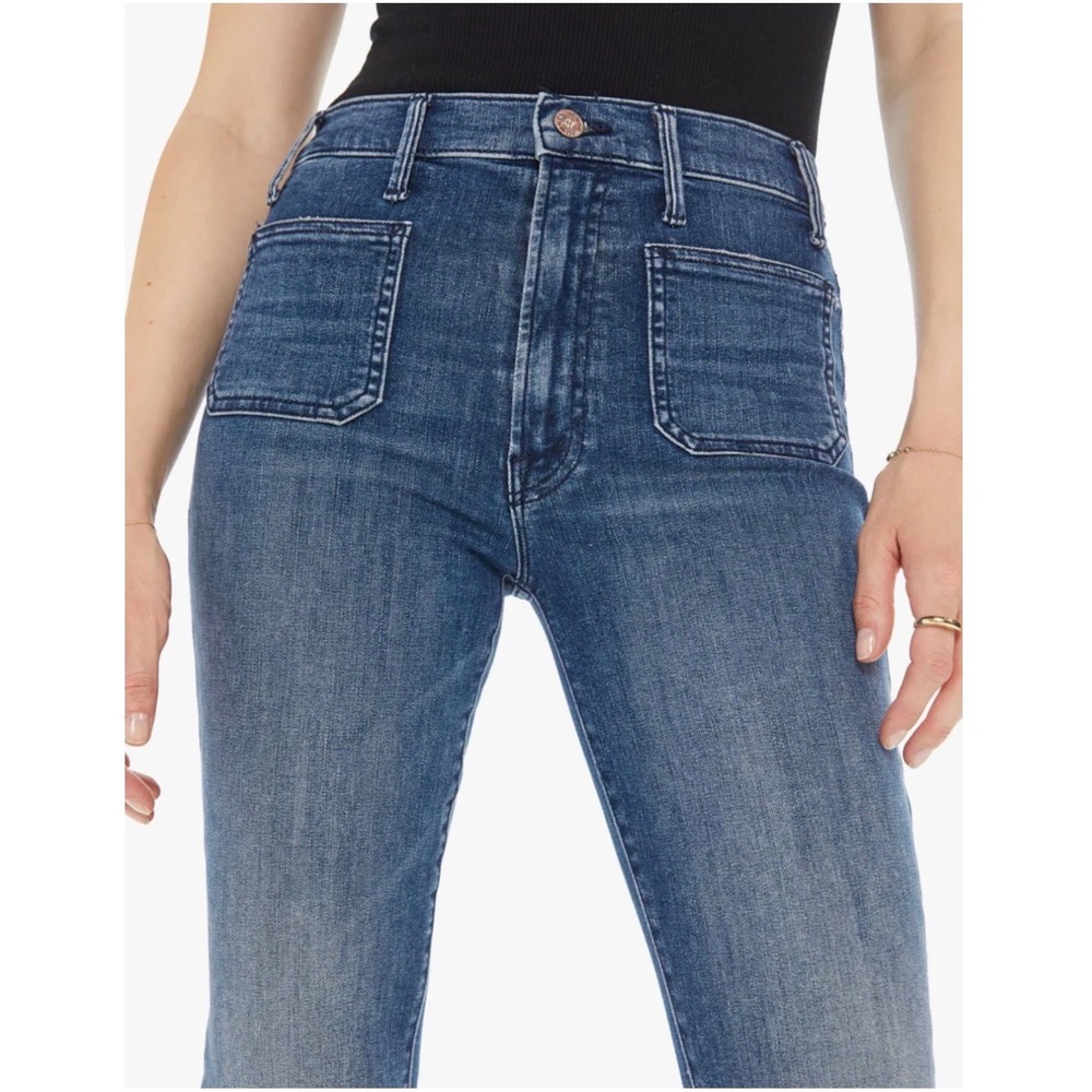 MOTHER The Hustler Size 26 Ankle Fray Jeans Blue Patch Pocket Flare Raw Hem - Picture 3 of 15